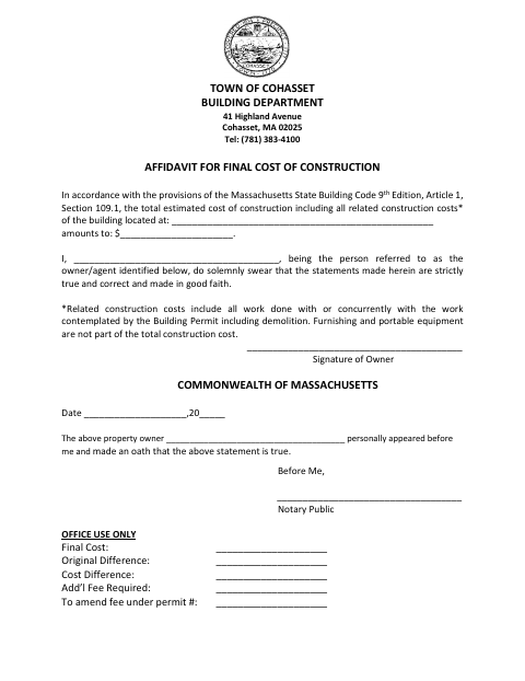First page of the Affidavit for Final Cost of Construction