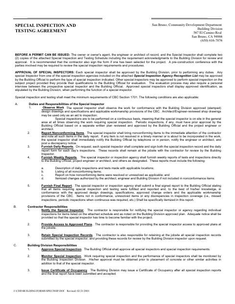 First page of the Special Inspection and Testing Agreement