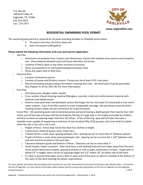First page of the Residential Swimming Pool Permit Application