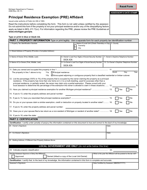 First page of the Principal Residence Exemption Affidavit