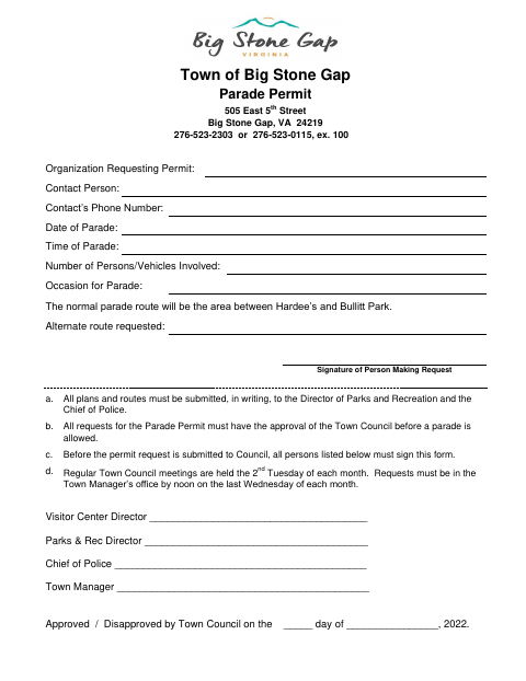 First page of the Parade Permit