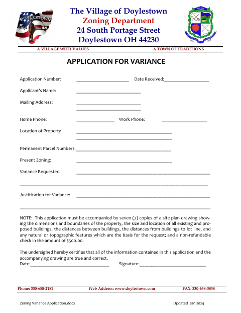 First page of the Zoning Variance Application