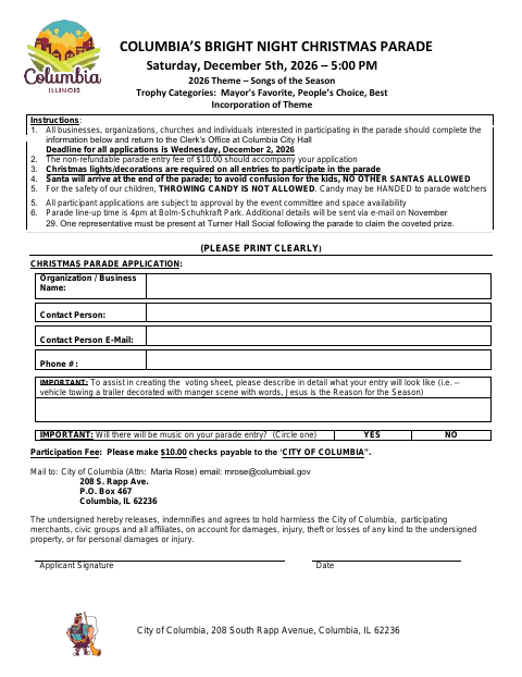 First page of the Bright Night Christmas Parade Participant Application