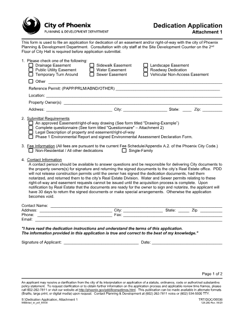 First page of the Dedications, Easements And Right-Of-Way Application