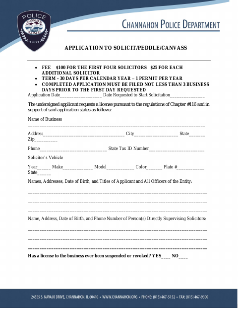 First page of the Application to Solicit/Peddle/Canvass