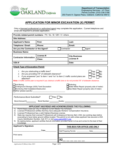 First page of the Application for Minor Excavation (X) Permit