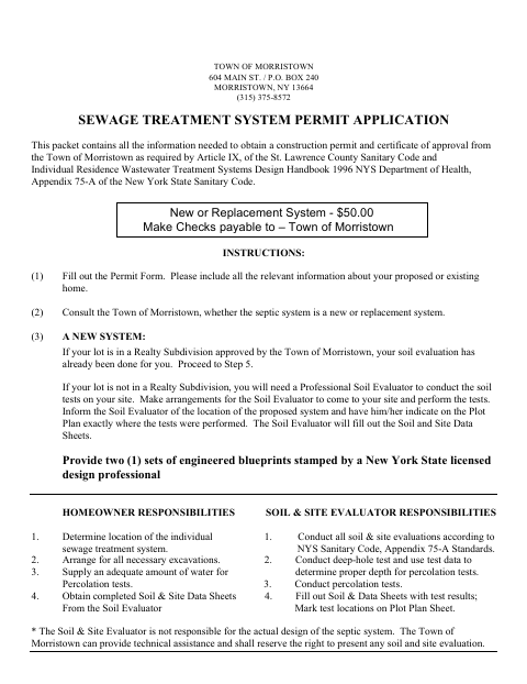 First page of the Sewage Treatment System Permit Application