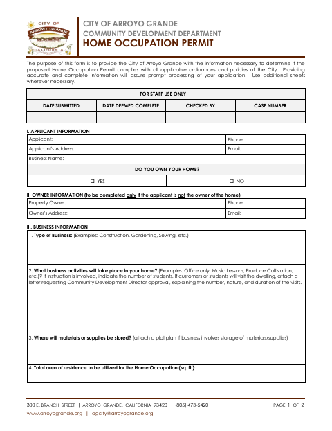 First page of the Home Occupation Permit