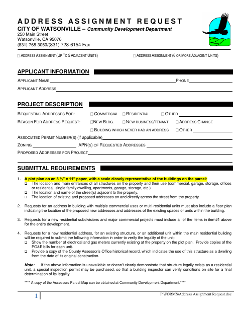 First page of the Address Assignment Request