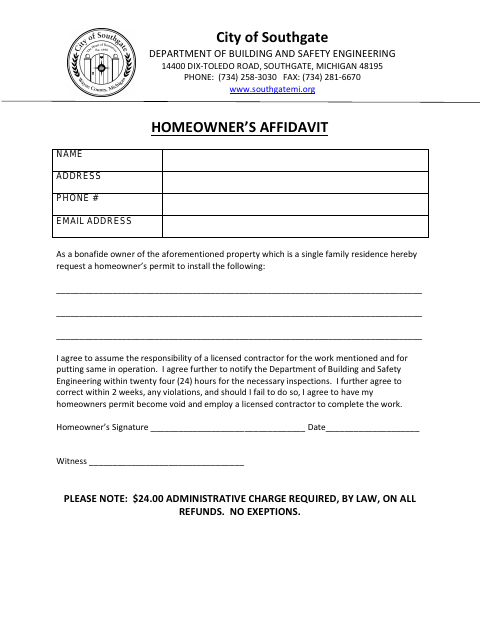First page of the Homeowner's Affidavit