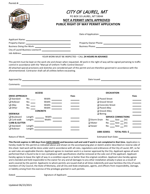 First page of the Public Right of Way Permit Application