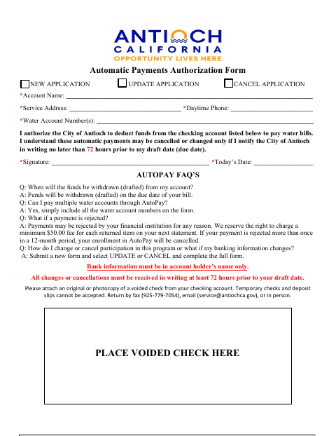 First page of the Automatic Payments Authorization Form