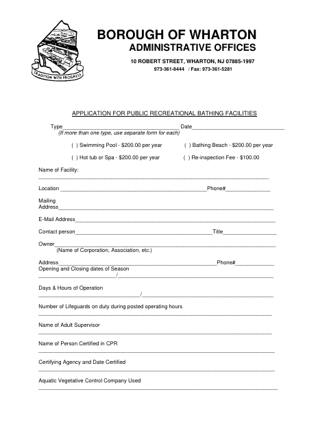 First page of the Application for Public Recreational Bathing Facilities