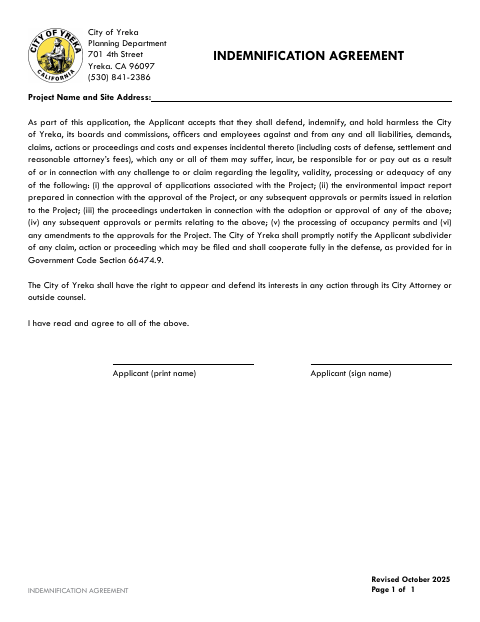 First page of the Indemnification Agreement