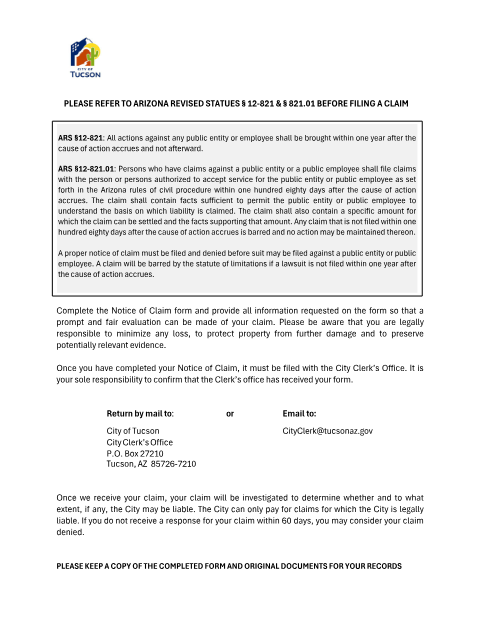 First page of the Notice of Claim Against the City of Tucson