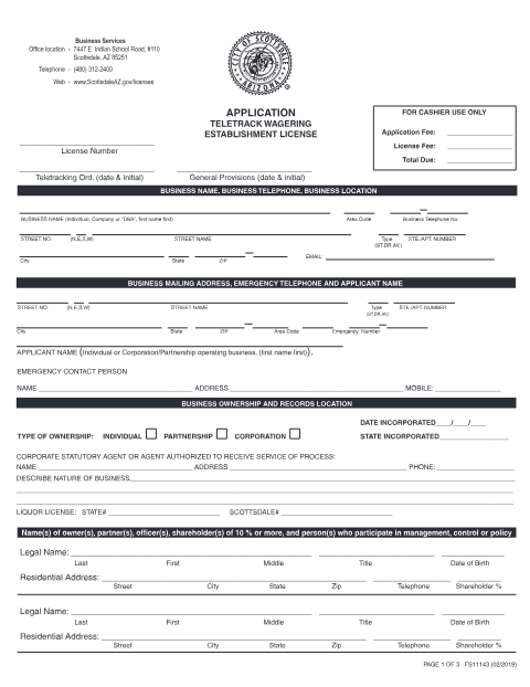 First page of the Teletrack Wagering Establishment Application