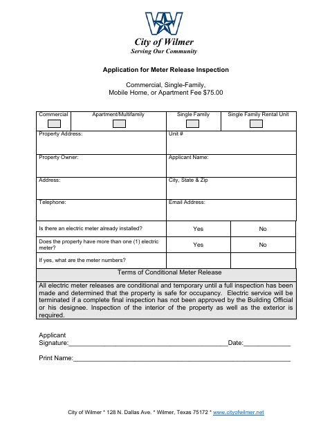 First page of the Application for Meter Release Inspection