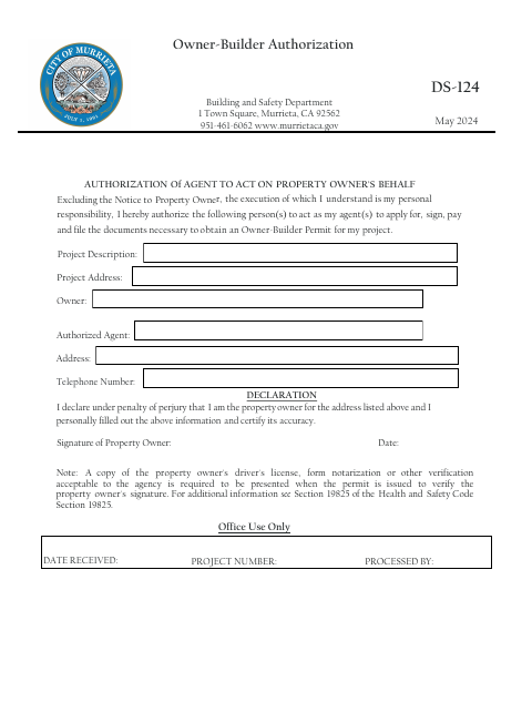 First page of the Owner-Builder Authorization