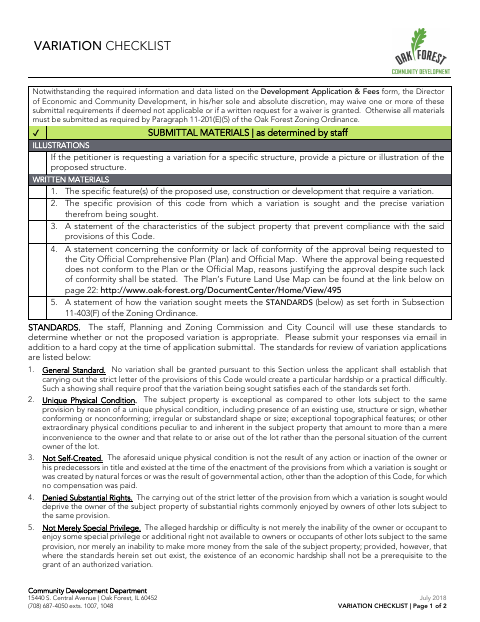 First page of the Zoning Variation Checklist
