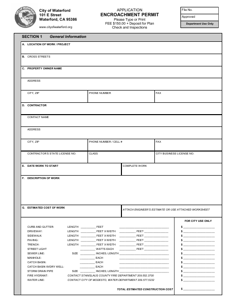 First page of the Encroachment Permit Application