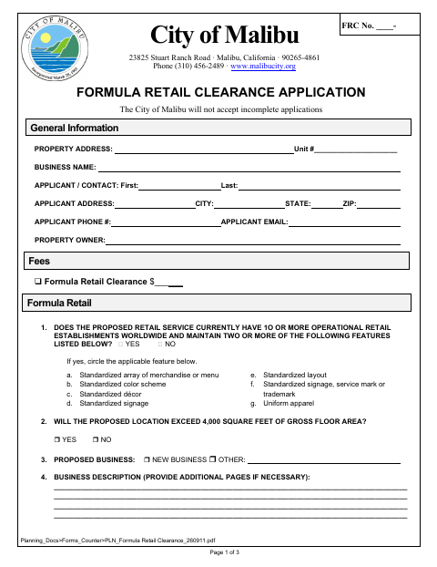 First page of the Formula Retail Clearance Application