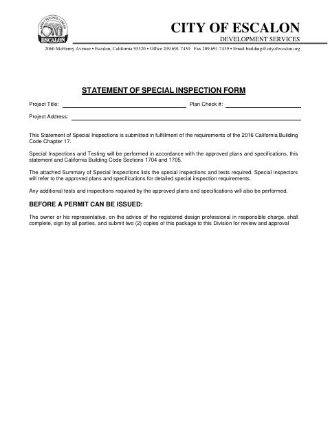 First page of the Statement of Special Inspection Form
