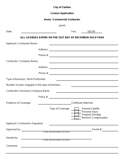 First page of the Home / Commercial Contractor License Application