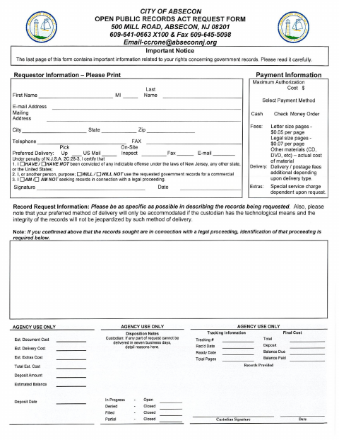 First page of the Open Public Records Act Request Form