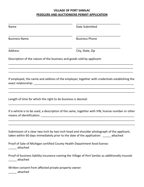 First page of the Peddlers and Auctioneers Permit Application