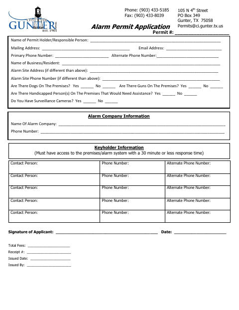 First page of the Commercial Alarm Permit Application