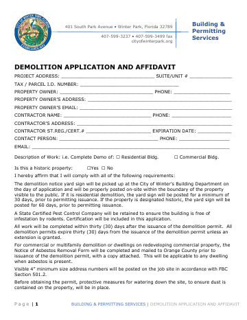 First page of the Demolition Application and Affidavit