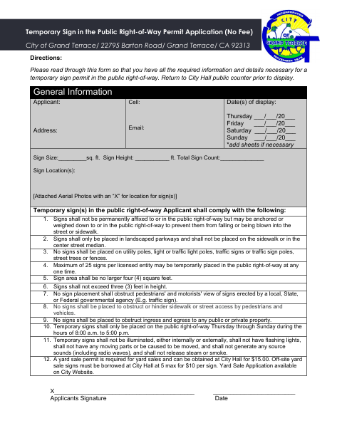First page of the Temporary Sign in the Public Right-of-Way Permit Application