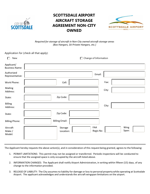 First page of the Aircraft Storage Agreement Non-City Owned
