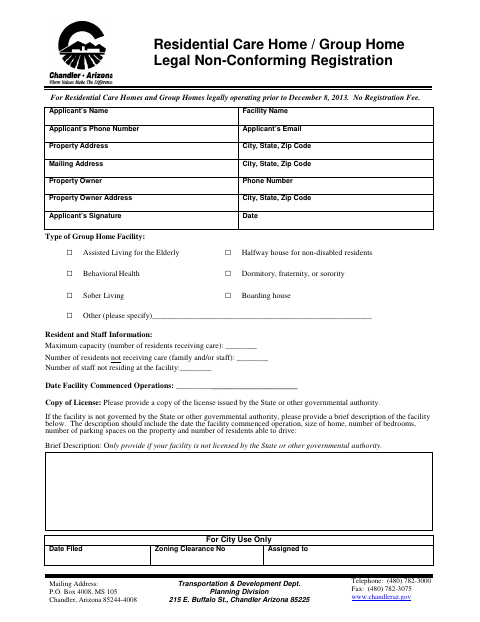 First page of the Residential Care Home / Group Home Legal Non-Conforming Registration