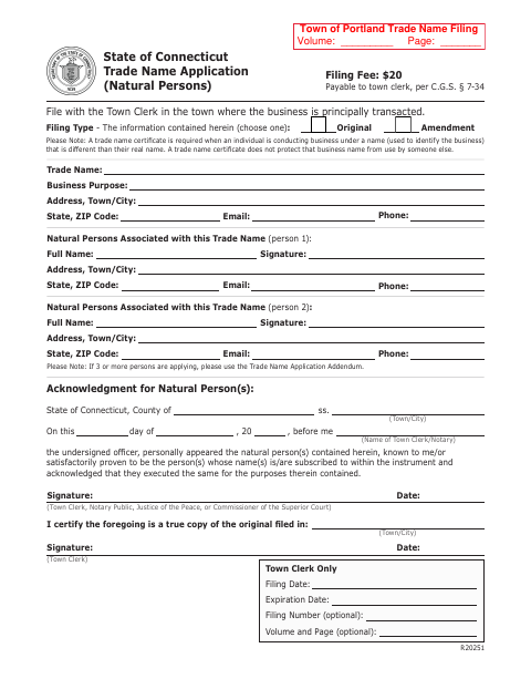 First page of the Trade Name Application for Natural Persons