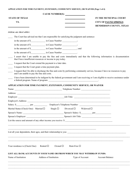First page of the Application for Time Payment, Extension, Community Service, or Waiver