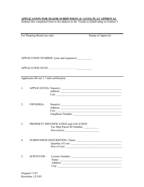 First page of the Application for Major Subdivision
