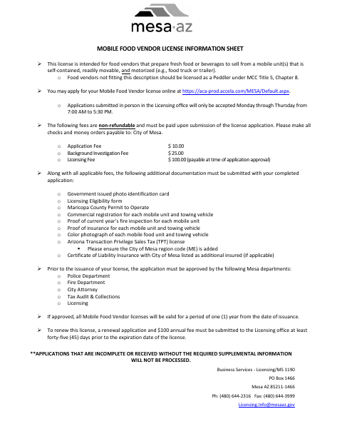 First page of the Mobile Food Vendor License Application