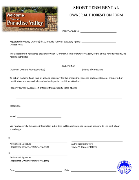 First page of the Short Term Rental Owner Authorization Form