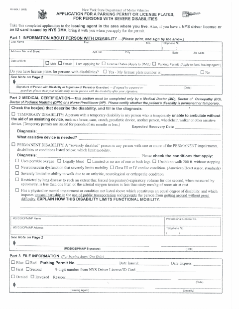 First page of the Application for a Parking Permit or License Plates for Persons with Severe Disabilities