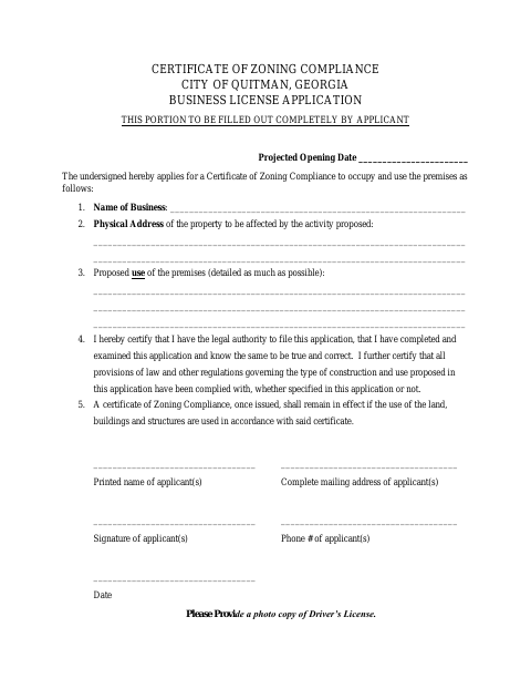 First page of the Business License and Certificate of Zoning Compliance