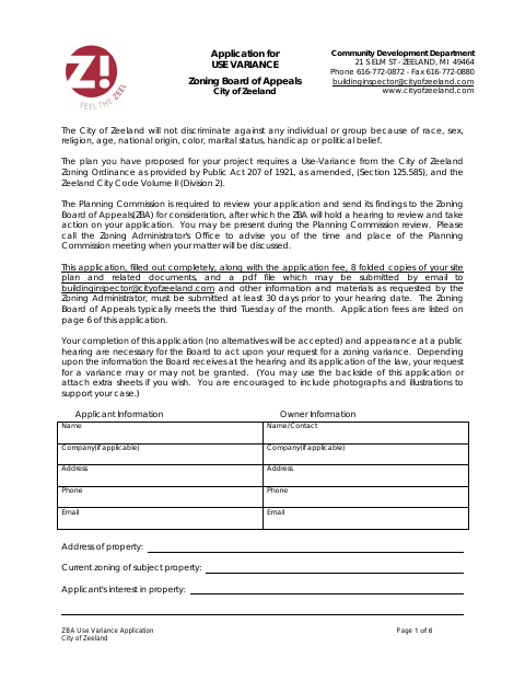 First page of the ZBA Use Variance Application