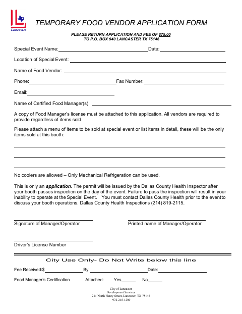 First page of the Temporary Food Vendor Application Form