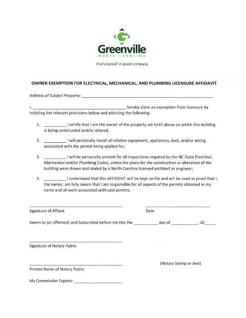 First page of the Owner Exemption for Electrical, Mechanical, and Plumbing Licensure Affidavit