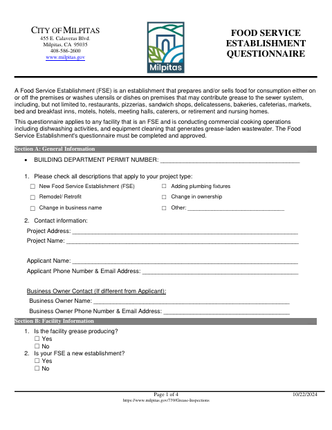 First page of the Food Service Establishment Questionnaire