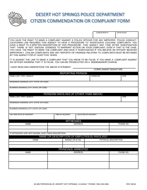 First page of the Civilian Complaint Form