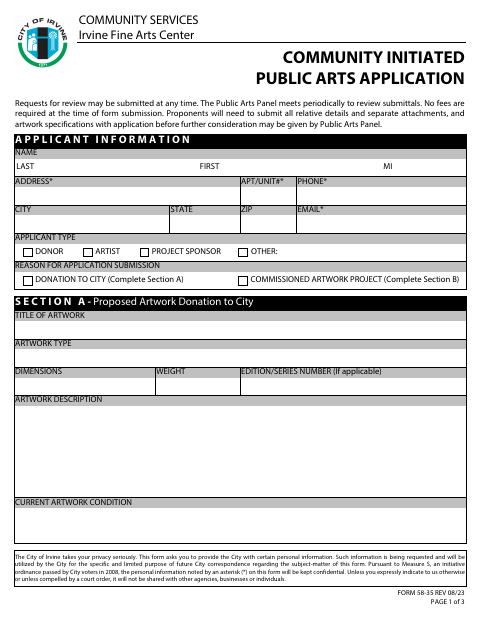 First page of the Community Initiated Public Arts Application