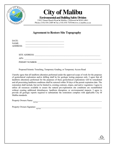 First page of the Agreement to Restore Site Topography
