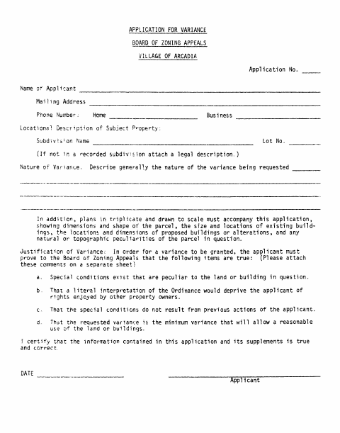 First page of the Zoning Variance Application