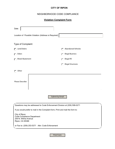 First page of the Neighborhood Code Compliance Violation Complaint Form